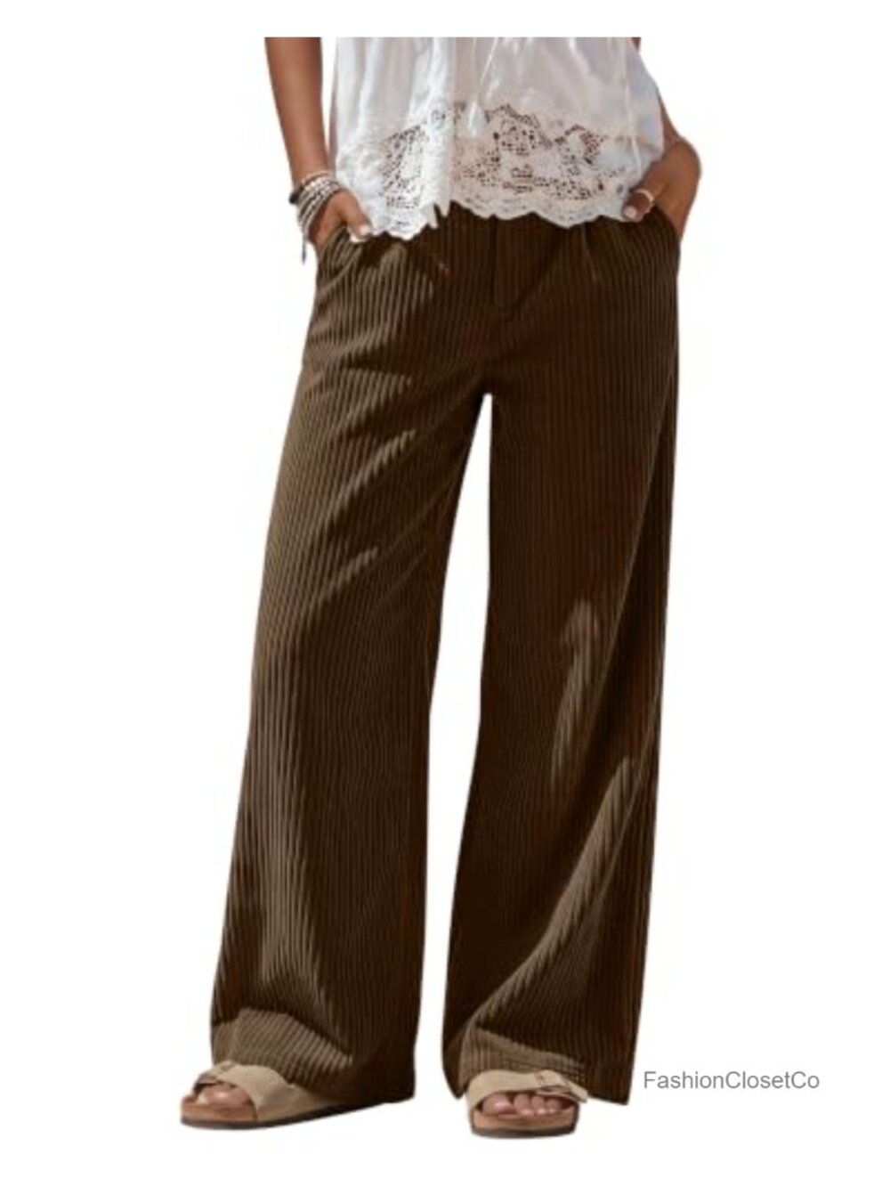 Women's Corduroy Wide Leg Pants High Waisted Trousers